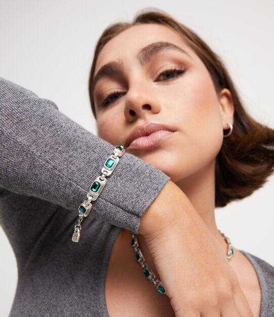 Chain bracelet with green crystals, Silver, large